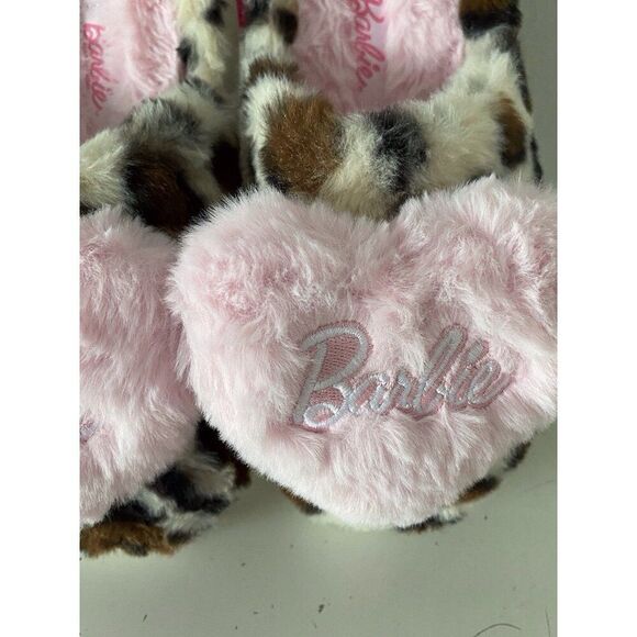 Barbie Leopard Print Pink Heart Plush Faux Fur Slippers Women’s Size Small 5-6 - Picture 4 of 16